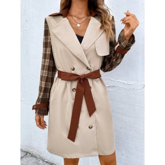 Plaid Print Double Breasted button Belted Trench Coat Jacket - Picture 6 of 6